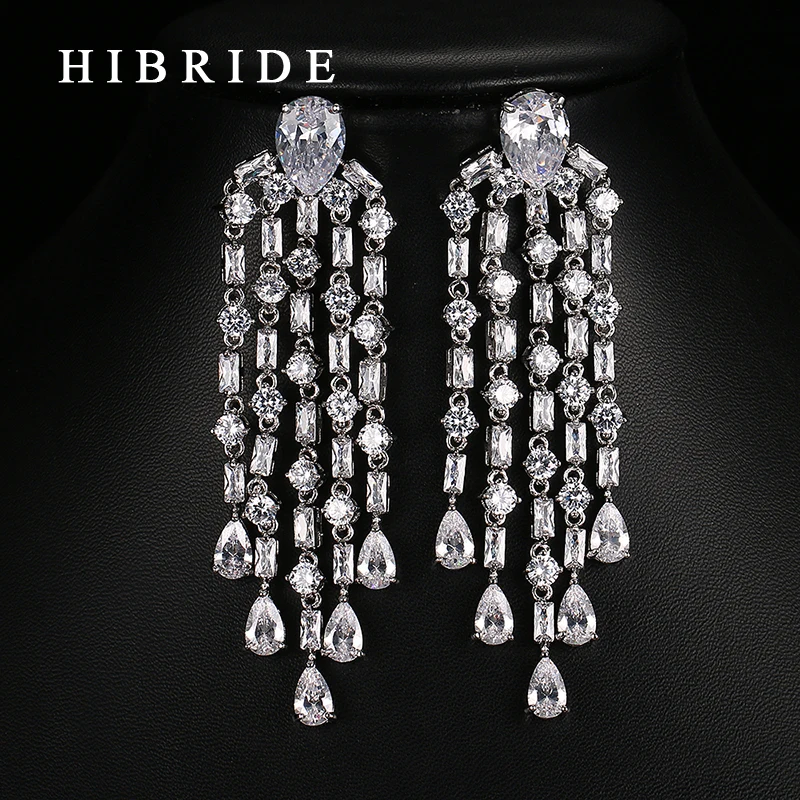 HIBRIDE Fashion Red Green Blue White Zircon Tassel Earring Rhodium Plated Women Earrings For Gifts E-56 - Image 4