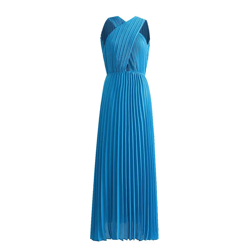 

Chic Stylish Blue Pleated Long Dress Elegant Cross V-Neck Dresses Casual Vestidos Mujer