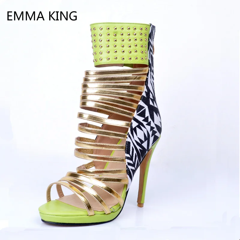 

Rivets Open Toe Sandals Spring Spikes Summer Shoes Woman Leather Cross-tied Stiletto High Heels Show Party Rome Shoes