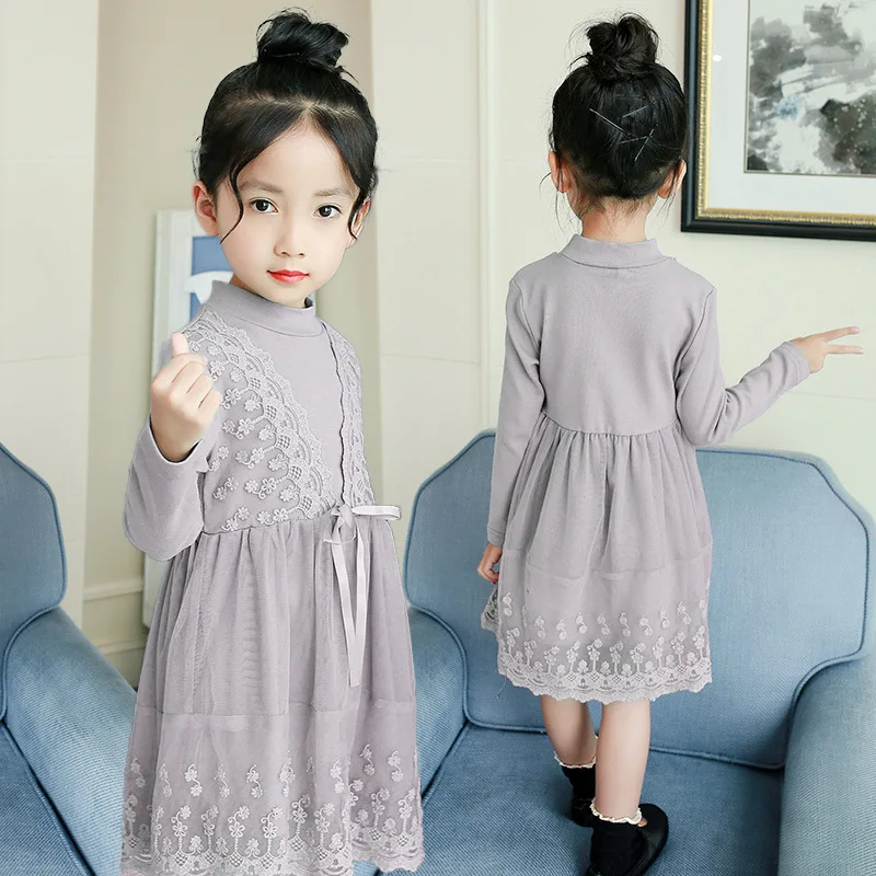 

New Arrival 2019 Spring Girls Lace Dress Children Fashion Gauze Princess Dresses Baby Kids Long-Sleeve Tulle Spliced Clothes X31