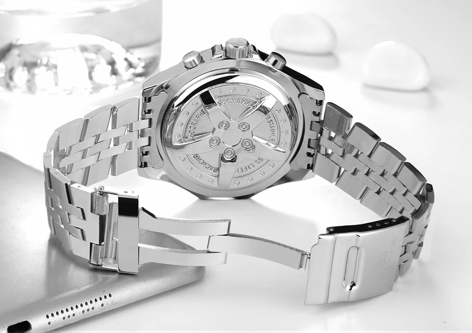 Мужские автоматические механические часы с ремешком из нержавеющей стали, модные спортивные деловые часы с синим, черным, белым циферблатом