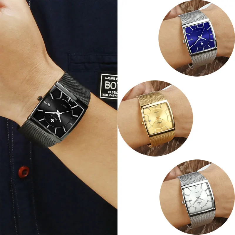 

Four Colors Fashion Men's Quartz Watch Simple Square Business Man Watch Waterproof Stainless Steel Auto Date Luminous Male Clock