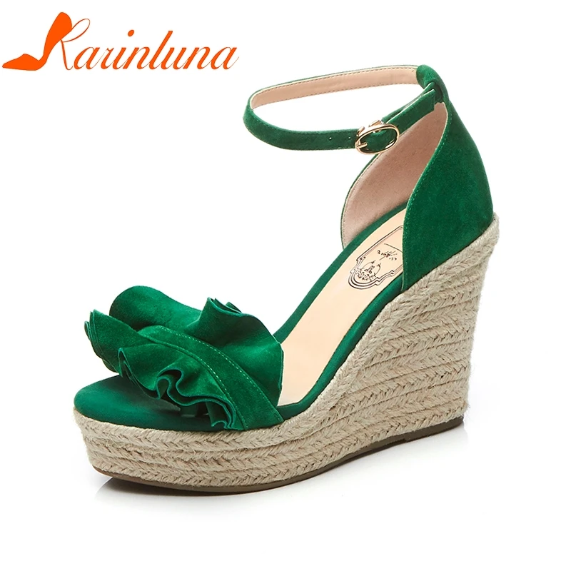 

KARINLUNA 2019 Brand New Kid Suede Wedges High Heel Women Shoes Black Appliques Platform Summer Sandals Women