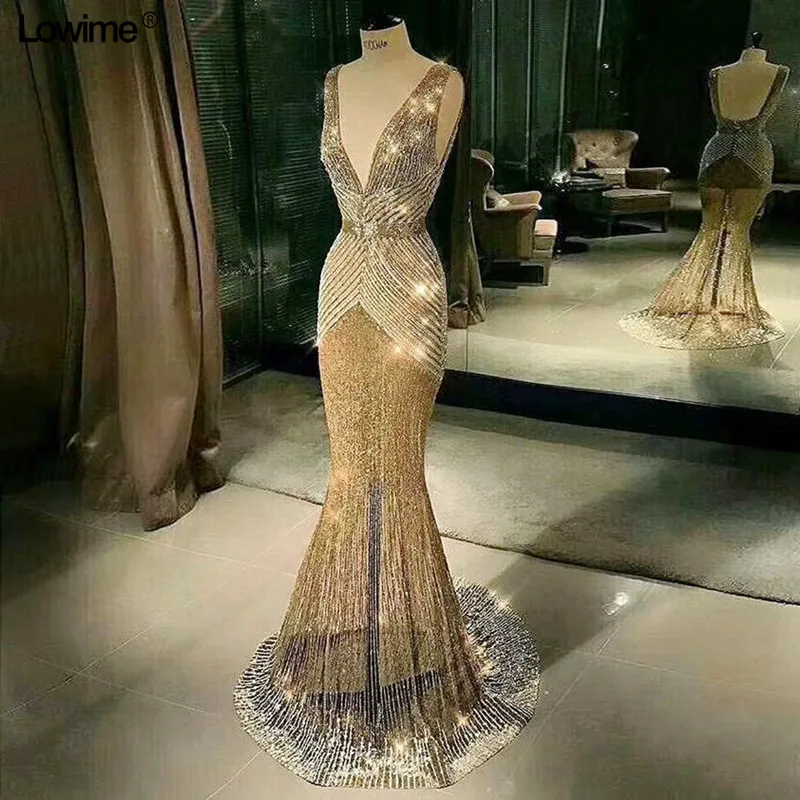

Fashion Sexy Deep V-Neck Backless Mermaid Formal Prom Party Dresses Sweep Train Gold Evening Dresses 2019