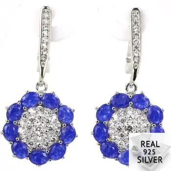 

5.1g Real 925 Solid Sterling Silver Deluxe Flower Shape Real Blue Sapphire CZ Wedding Earrings 34x15mm