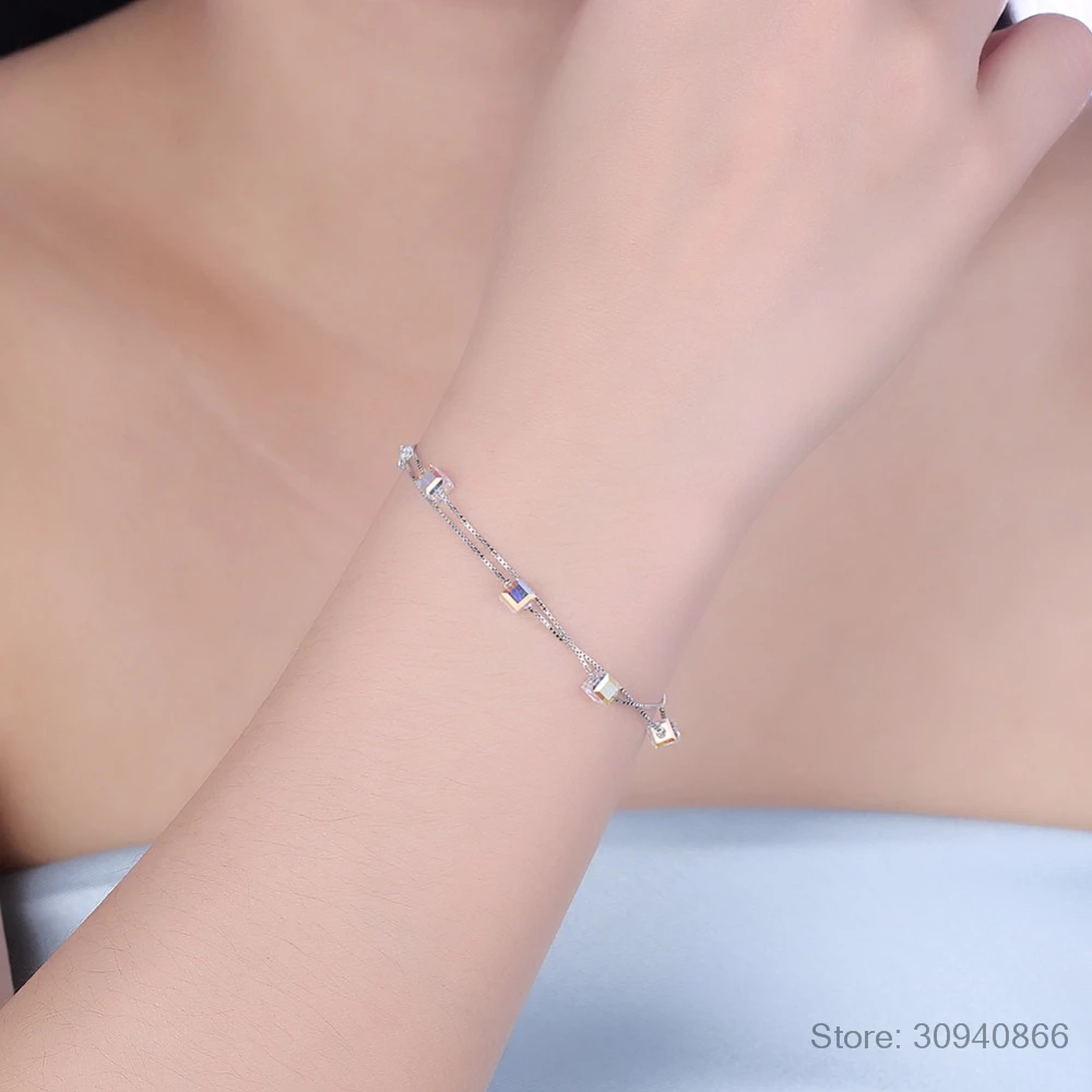 LEKANI квадратный кристаллами от SWAROVSKI 925 серебро двойной звено цепи браслет браслеты бусины интимные аксессуары для женщин ювелирные