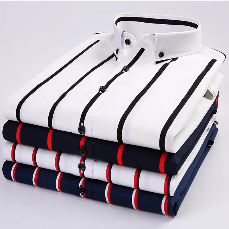 Dress Shirts Men Contrast Black/white Wide Striped Cotton Long Sleeve