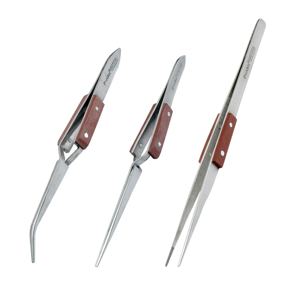 Pro'sKit Wooden Handle Sharp Curved Stainless Steel Tweezer ProSkit Reverse Action Cross-Leg Soldering Tweezer Precision Repair