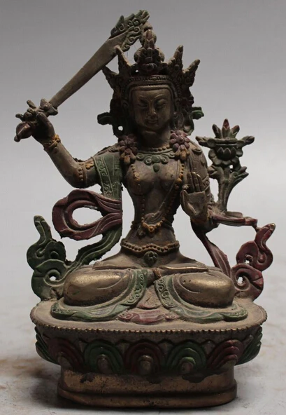 

7"Tibet Tibetan Buddhism ancient silver Painting Wenshu Manjushri Buddha Statue S0708 (B0328)