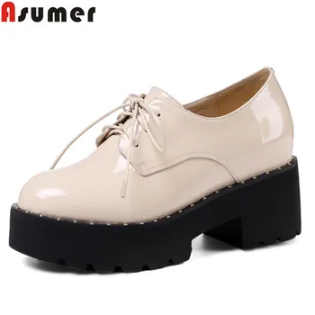

ASUMER 2020 pumps shoes women round toe lace up ladies shoes platform square high heels shoes classic Thick sole elevator shoes
