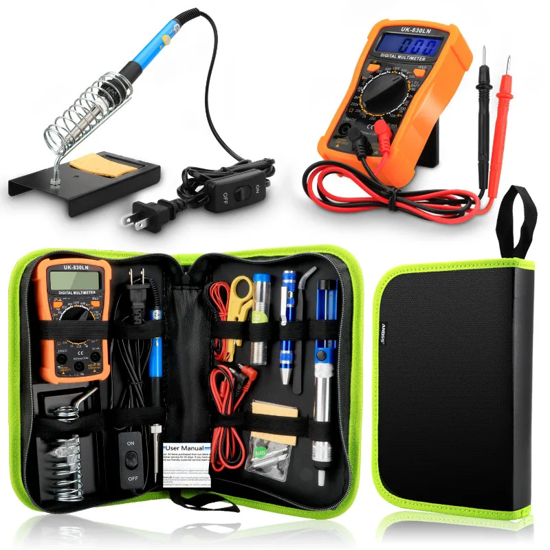 

60W Adjustable Temperature Soldering Iron Kit 14Pcs Soldering Station Digital Multimeter Screwdriver Upgraded Welding Kit
