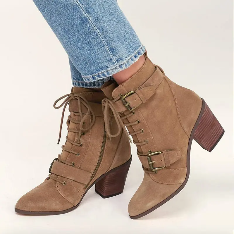 

Women Ankle Boots Winter Warm Riding Equestr Shoes Woman Pump High Heel Artificial Leather Lace Up Shoes Platform Plus Size 43