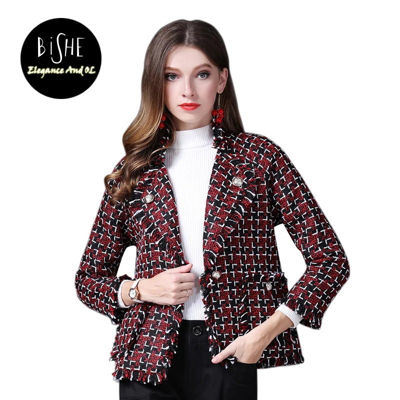 BiSHE Women Blazer Office Lady 2017 European Style Tweed Notched Single