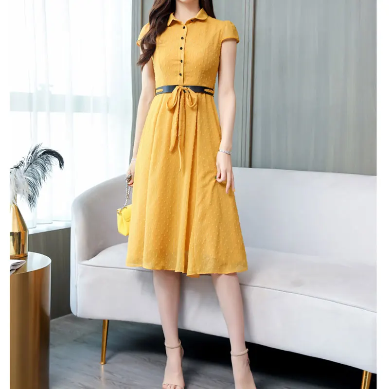 

2019 summer new women's clothes Korean short-sleeved chiffon dress fashion slim lapel high waist tie long women's midi dress