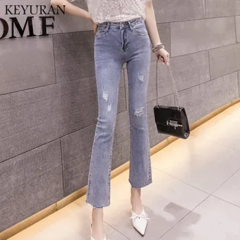 

New Arrived High waist Boyfriend vintage Burr Hole ripped Flare jeans Denim Stretch Women Skinny Jeans Female Boot cut Pants