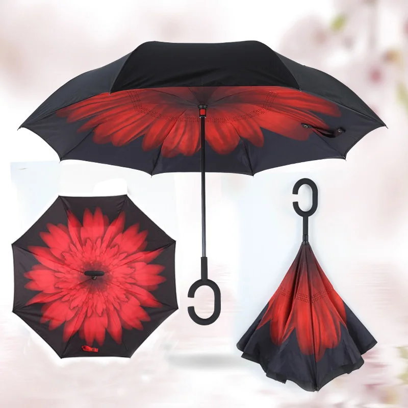 umbrella Reverse Double Windproof Double Layer Rain Umbrella Inverted Auto Inside Out Rain Protection C-Hook with Hands