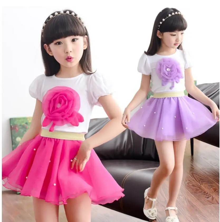 

2019 NEW Summer Kids Baby Lovely princess Girls Flower Girls Clothes Sets Bow Flower Tie Tops T-shirt Short Mini Skirt Party
