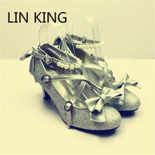 LIN KING Fashion Spring/Autumn Women Thin Heels Bowtie Pumps Solid Gold Pearls Bling Shoes Sexy PU Leather Cosplay Lolita Shoes