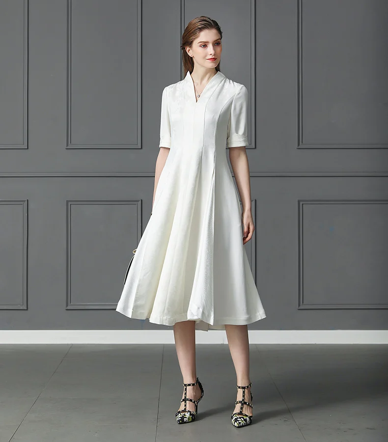 VOA тяжелое шелковое жаккардовое однотонное белое платье размера плюс 5XL офисные вечерние Harajuku с v-образным вырезом и половинным рукавом тонкие миди винтажные женские A163