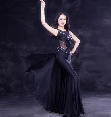

New Luxury One Piece Oriental Dance Costume Indian Dance Performance Black Dress Bling Bling Crystal Decorated Free Shipping