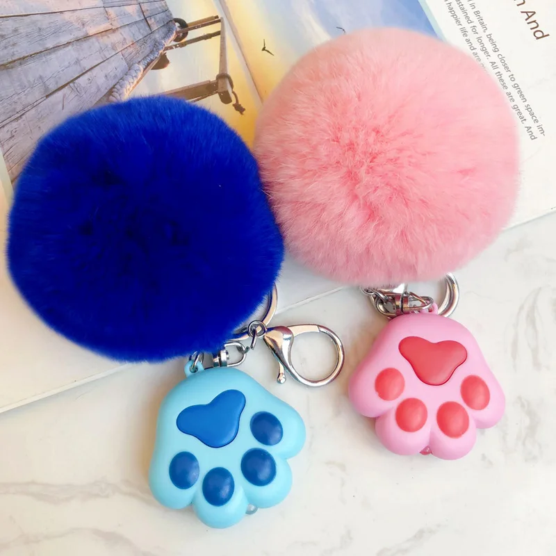 

Fashion Fluffy Rabbit Fur Ball Pompom Key Chain Cute Emit Light and Make A Sound Cat Claw LED Keychain Car Key Ring Porte Clef
