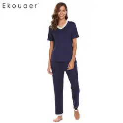 Ekouaer устанавливает v-образным вырезом Топы с короткими рукавами с штаны с эластичной резинкой на талии пижамы Lace-trimmed