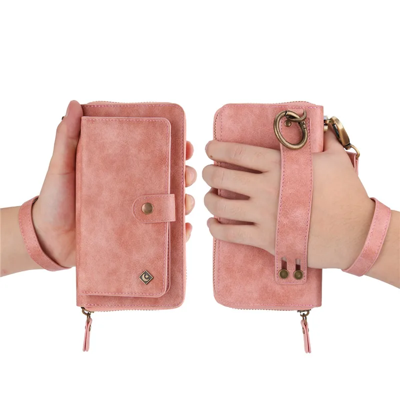 Многофункциональный кожаный кошелек на молнии чехол для карт для iPhone 11 Pro Max X XR XS Max 7 8 Plus 6 6S съемный чехол кошелек сумочка - Цвет: Pink