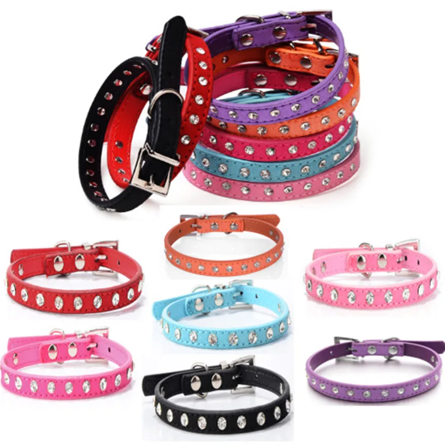 Diamond crystal cool leather dog collars small dogs 7 color cashmere ...
