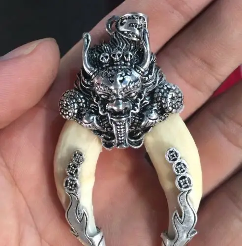 Chinese archaize Boars Tooth Wild Hog Silver Dragon protective talisman Pendant