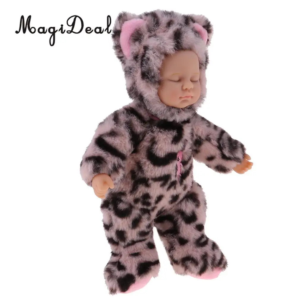 Plush White Leopard Doll Stuffed Animal Toys Reborn Sleeping Baby Dolls 