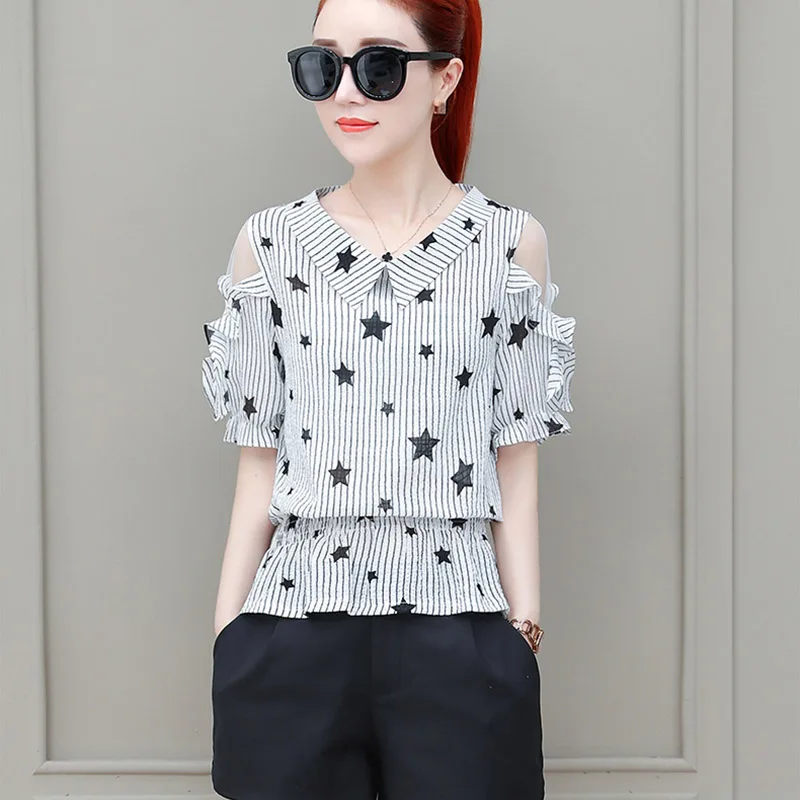 Women Spring Autumn Style Chiffon Blouses Shirts Lady Casual Peter pan Collar Striped Blusas Tops DF1728 Blouses