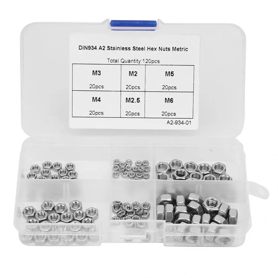 

120Pcs Stainless Steel Hex Lock Nut Set M2/M2.5/M3/M4/M5/M6 wood insert nut tornillo