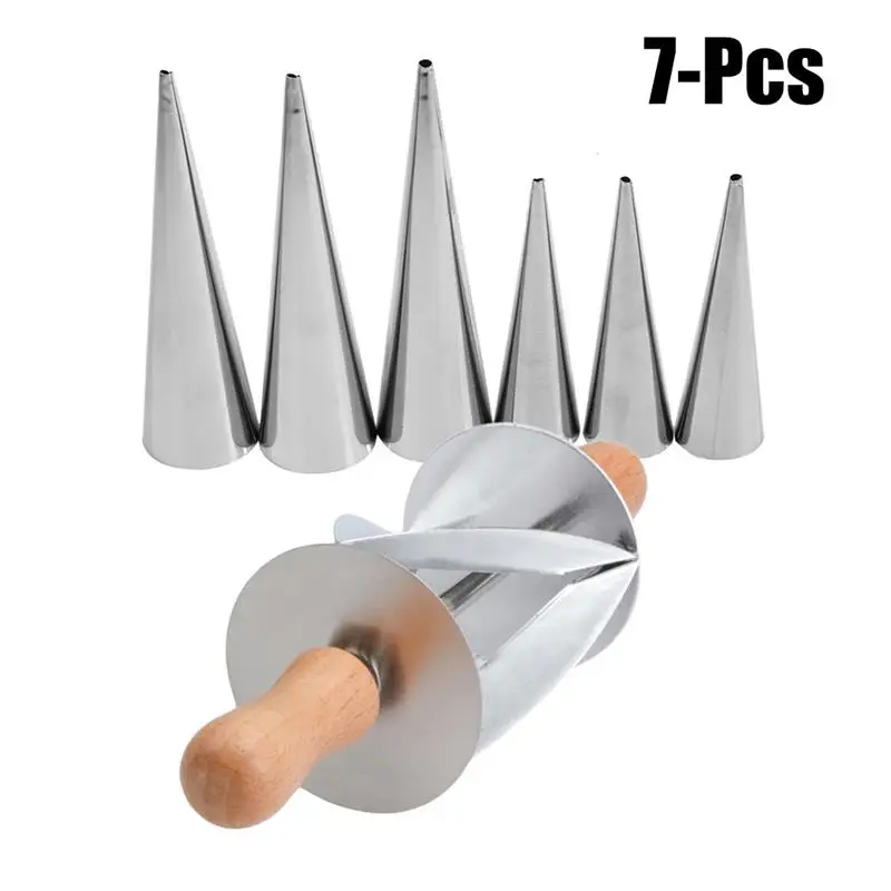 

7PCS Stainless Steel Bread Rolling Dough Cutter For Making Croissant Non-Stick Cake Cannoli Cone Round Form Tubes Bread Tool