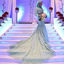 Oumeiya OW523 Mint Green Long Tail Sexy Mermaid High Neck Long Sleeve Hijab New Design Muslim Lace Wedding Dress 2016