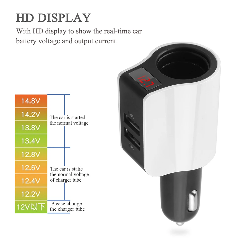 2.1A Dual USB Автомобильное зарядное устройство с 1 гнездом прикуривателя Поддержка дисплея тока Volmeter адаптер питания для iPhone samsung