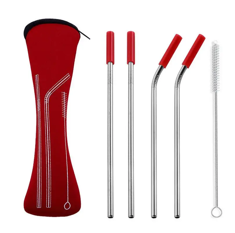 

100 Sets 4pcs/set Reusable Stainless Steel Straws With Silicone Tips With Clean Brush & Cloth Bag Wedding Party Straw