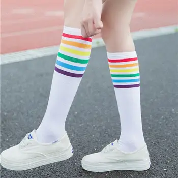 

Mooistar #3022D 1Pair Thigh High Socks Over Knee Rainbow Stripe Girls Socks Black White