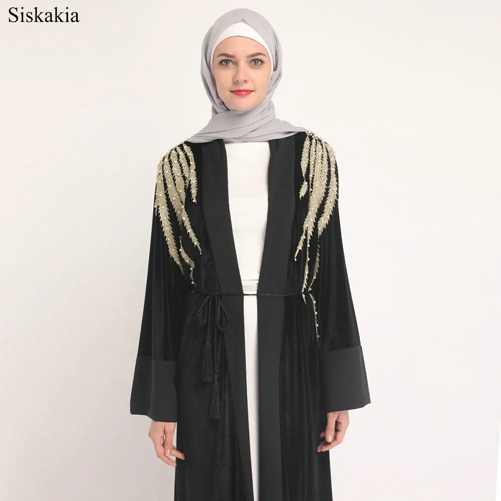 Siskakia Fashion Applique Embroidery Robe Abaya For Women Turkish Dubai High Waist Beading Design Slim Sashes Ladies Abaya Eid (2)
