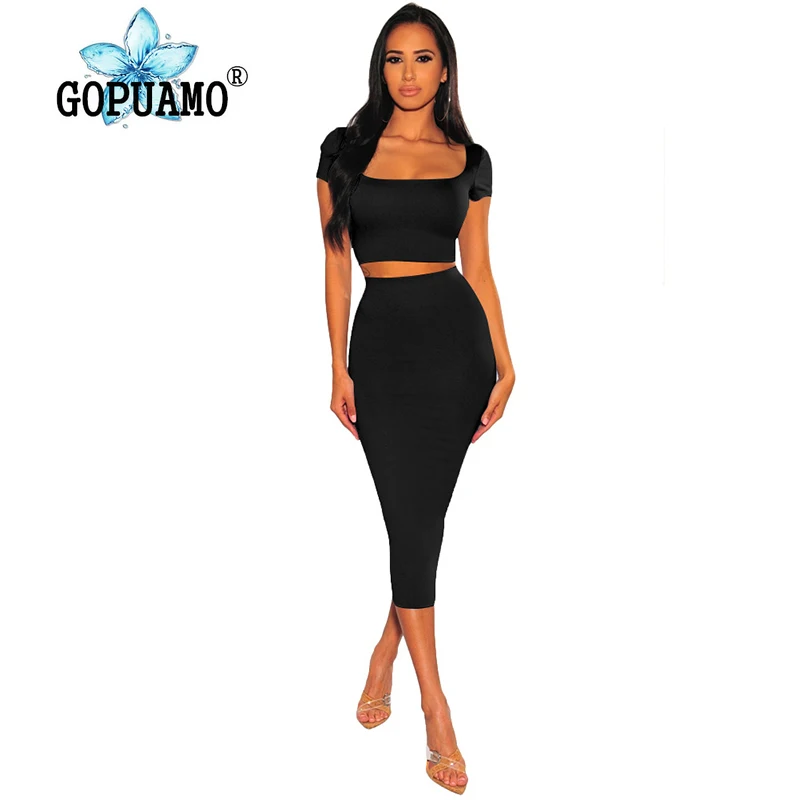 

Sexy Two Piece Club Outfit Women Clothes Square Collar Short Sleeve Crop Top And Bandage Mid-Calf Skirt High Waist Matching Set