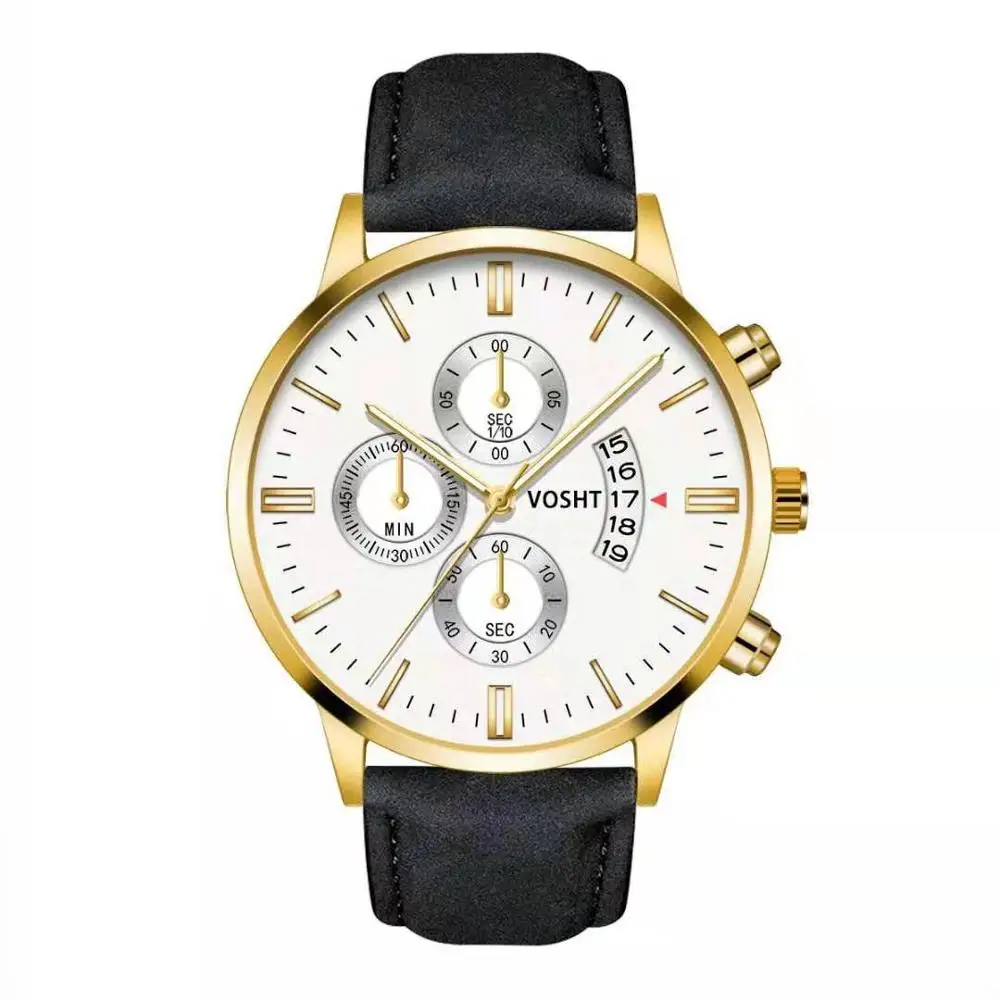 Мужские часы, мужские модные спортивные часы с календарем, кожаный ремешок, кварцевые Бизнес наручные часы, Reloj Hombre Saat - Цвет: Gold Case Black 2