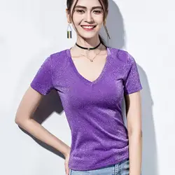 Новые летние женские футболки офисные женские футболки с коротким рукавом с v-образным вырезом футболки блестящие однотонные женские топы