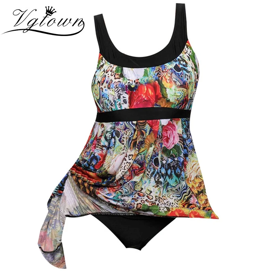 

VGTOWN 2019 New Woman Swimdress Tankini Plus Size 5XL Bathing Suits Ladies Print Two Pieces Swimwear High Waist Bikini Swimsuits