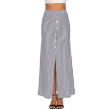 Летняя женская юбка модная сексуальная полосатая Женская юбка с пуговицами длинная натуральная открытая вилка Повседневная Женская юбка до щиколотки