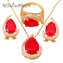 Chapado En oro de Circonio Granate de Cristal Pendiente Del Collar Del Anillo de La Salud Níquel y Sin Plomo tamaño #7 #8.5 #9 Sistema de la joyería JS304
