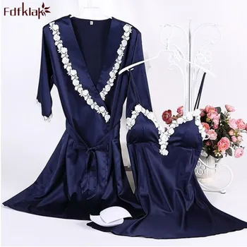 

High quality silk robe sexy two piece set spring summer women bathrobes lace silk sleepwear pijama dressing gown robe femme