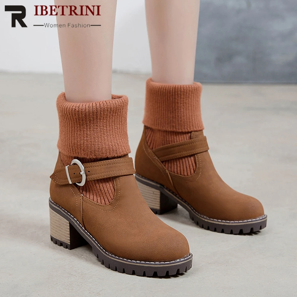 

RIBETRINI Ankle Boots Woman Autumn Winter Elegant Square Heel Round Toe Metal Decorations Slip On Ankle Boots Woman Size 34-43