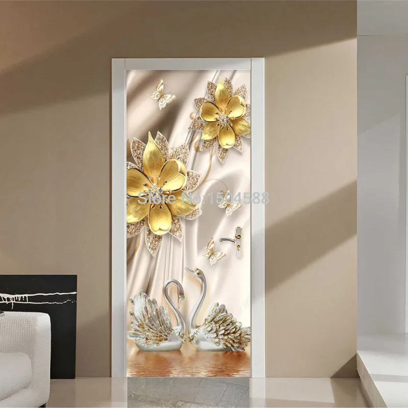 Estilo europeu porta 3D adesivos, flores, cisne,