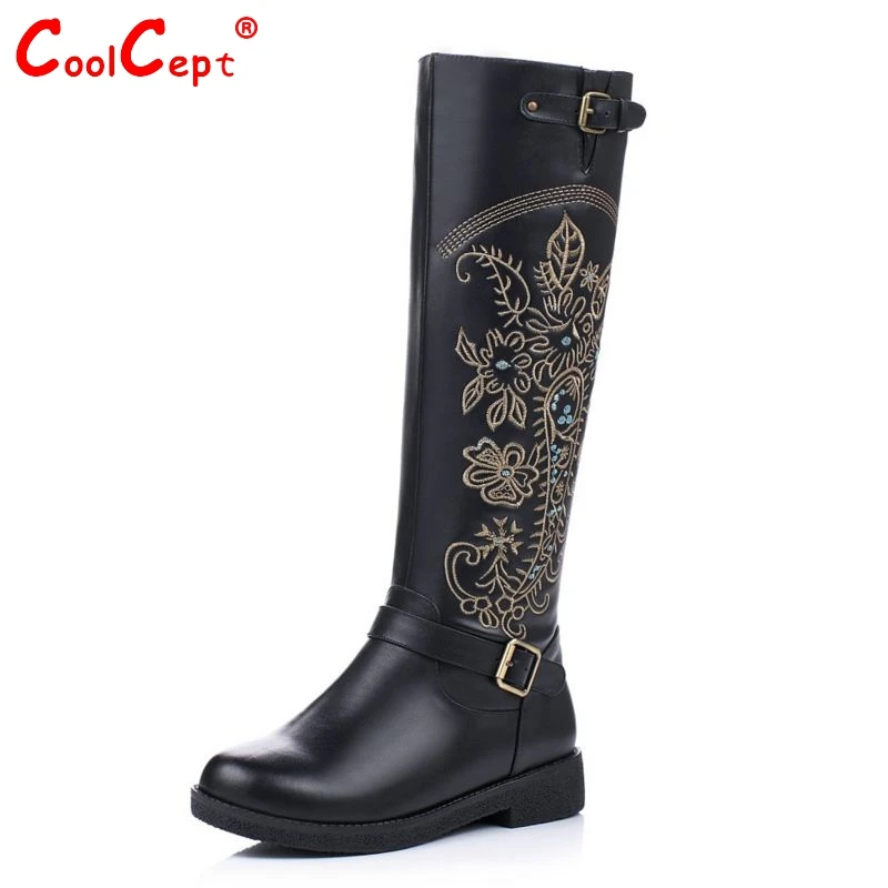 

Vintage Women Genuine Real Leather Knee Boots Winter Boot Sexy Square Heel Round Toe Zipper Fashion Women Boots Shoes Size 33-40