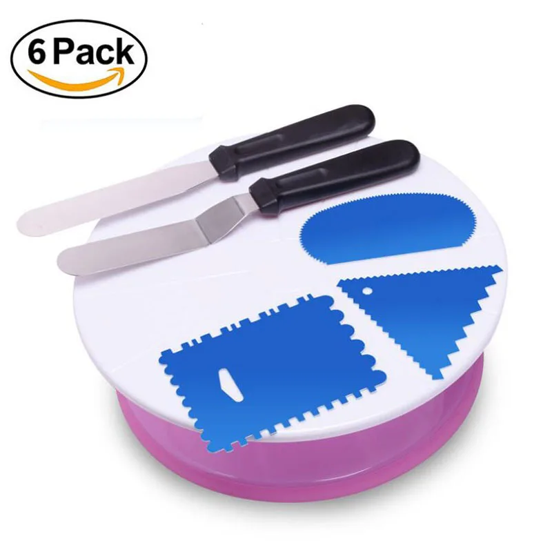

6PC Cake Decorating Tool Set Revolving Pink Plastic Cake Turntable Stands With 2 Icing Spatulas 3 Scrapers Pastry Accessories