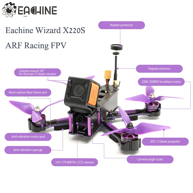 Eachine Wizard X220S 5,8G 72CH Racing FPV с F4 VTX 30A Dshot600 2206 2300KV 800TVL CCD камера RC Квадрокоптер ARF